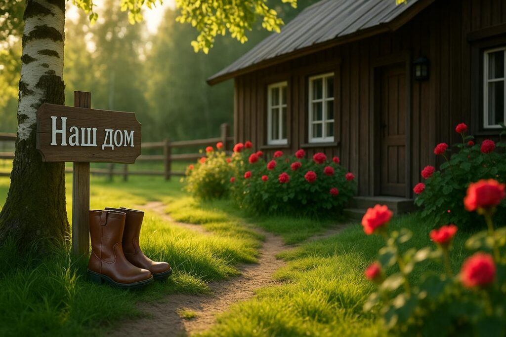 Charming countryside home with a cozy welcome sign reading "Our Home" in Russian.